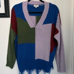 Umgee Multicolor Color Block Deep V Neck Sweater M